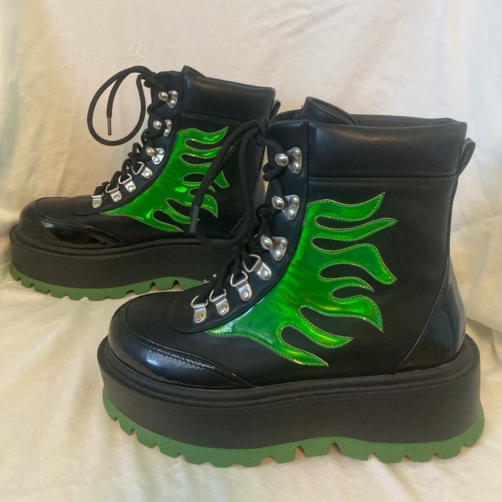 Holographic Green Flame Platform Boots